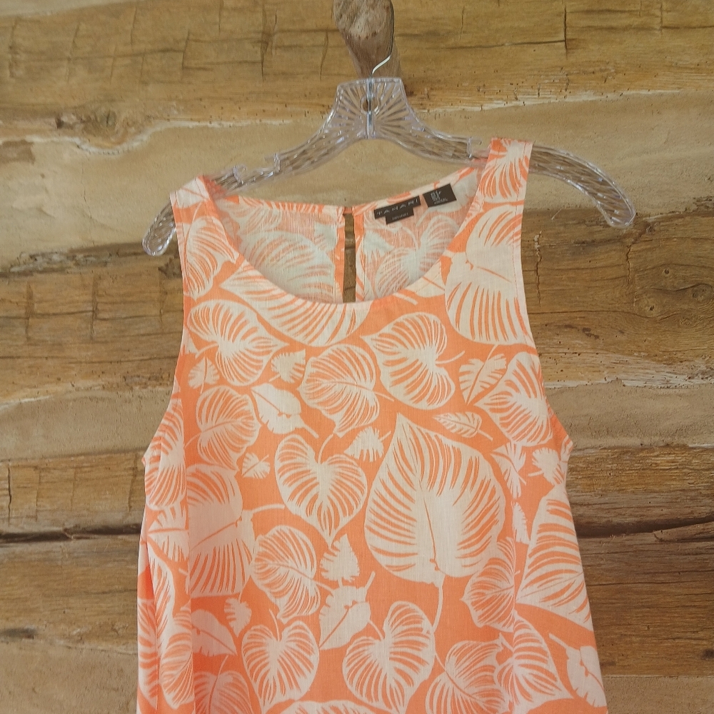 Tahari Sleeveless Orange & White Tropical Print Linen Midi Dress Small - Picture 2 of 8